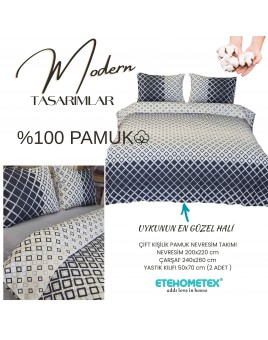 ETEHOMETEX %100 Pamuk Nevresim Takımı ÇİFT KİŞİLİK KARE LACİVERT 8696474232117
